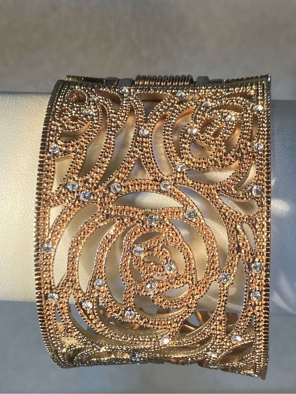 One bracelet arm party Rose Gold Crystal Filigree Cuff hinged 2 inch bold design